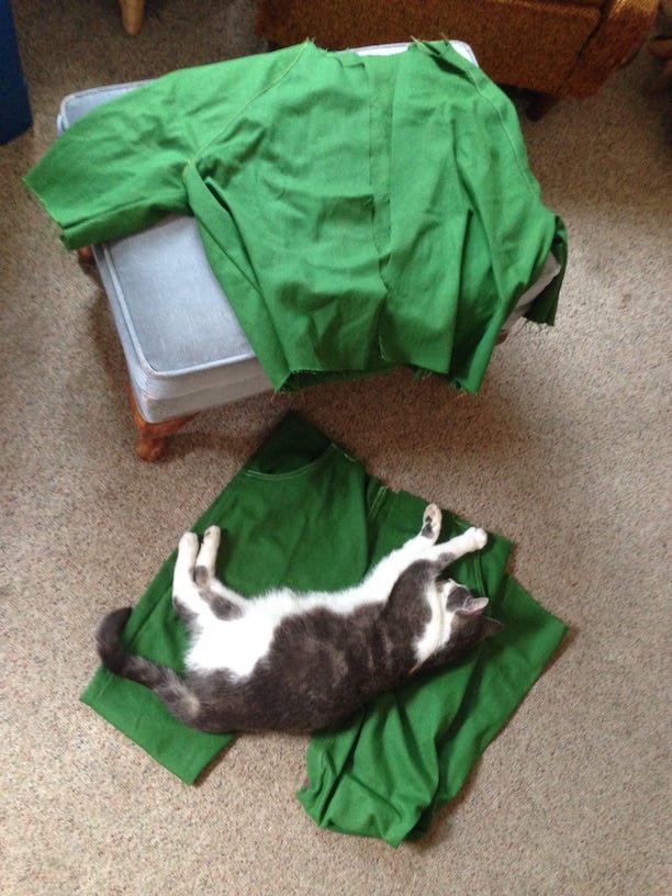 2 halves of a green jumpsuit with a black and white cat on half of it